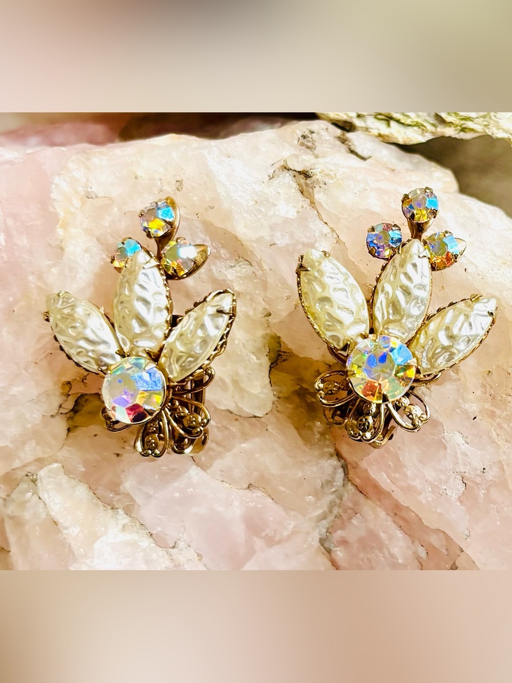 Vintage Beau Jewels Wrinkle Faux Pearl AB Crystal Clip On Earrings Rare Pat Pend